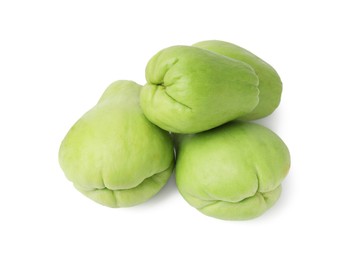 Many fresh green chayote isolated on white, top view