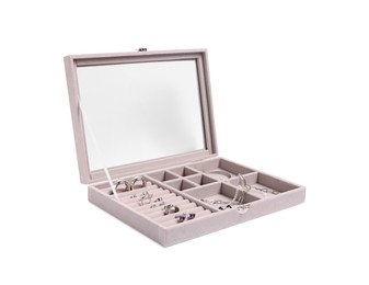 Photo of Jewelry box with many different silver accessories isolated on white