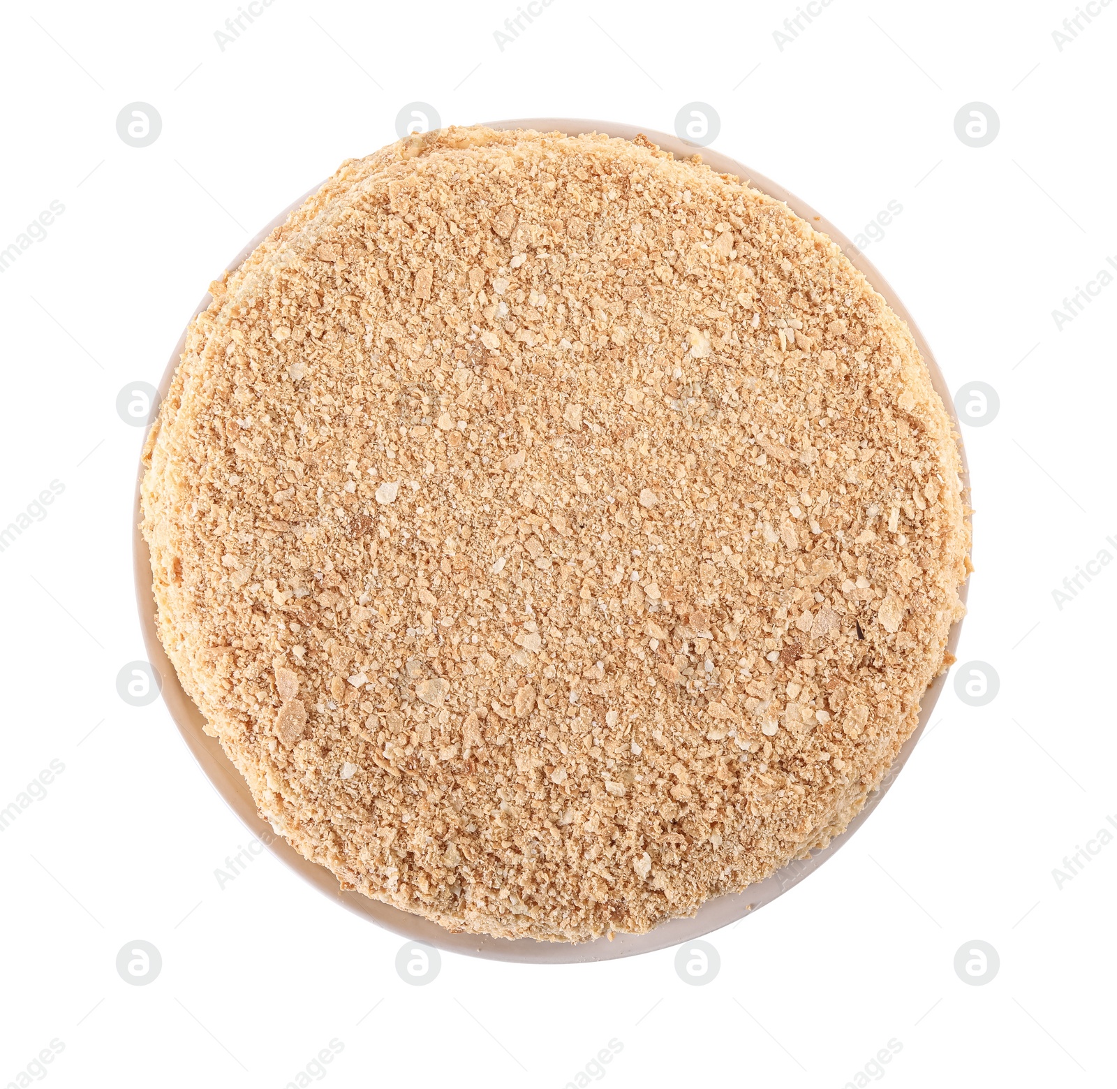 Photo of Delicious freshly baked Napoleon cake isolated on white, top view