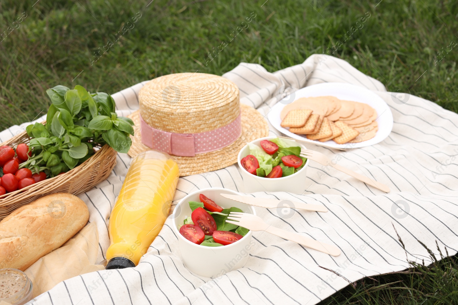 Photo of Picnic blanket with juice and food on green grass