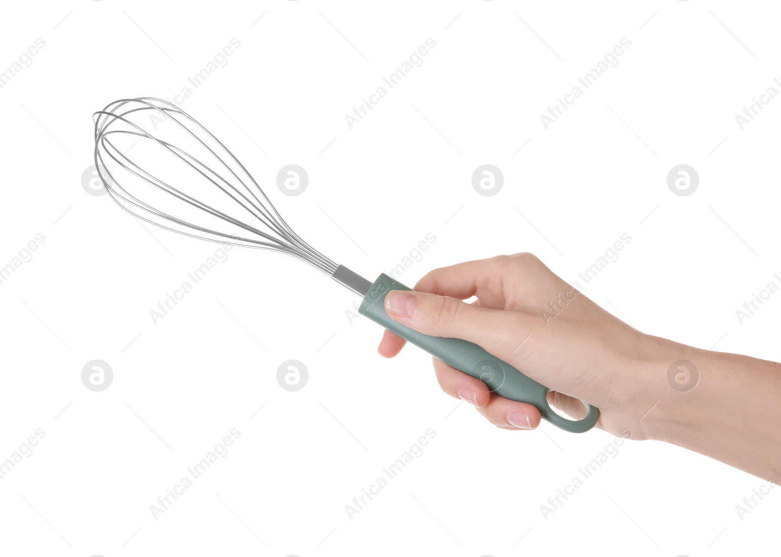 Photo of Woman holding metal whisk on white background, closeup