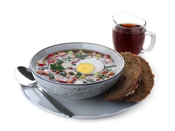Photo of Delicious cold okroshka with kvass on white background. Traditional Russian summer soup