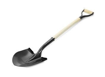 Photo of One new shovel with wooden handle isolated on white. Gardening tool