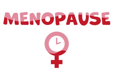 Illustration of Women's health changes. Female gender symbol with clock inside under word Menopause on white background