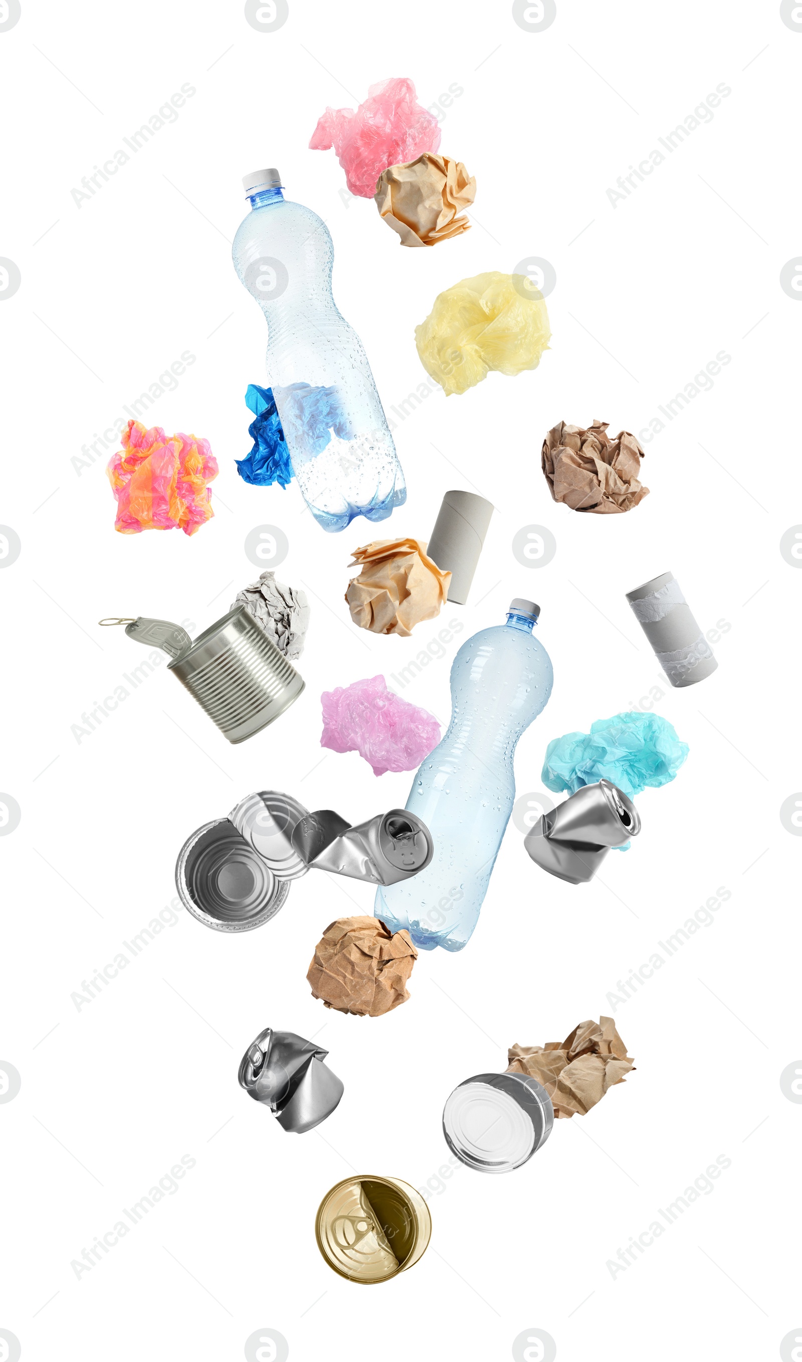 Image of Set of different falling garbage on white background. Waste management and recycling