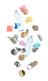 Image of Set of different falling garbage on white background. Waste management and recycling