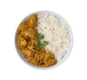 Photo of Delicious chicken curry with rice isolated on white, top view