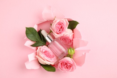 Flat lay composition with rose essential oil on pink background