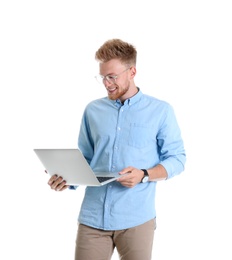 Young man with laptop on white background