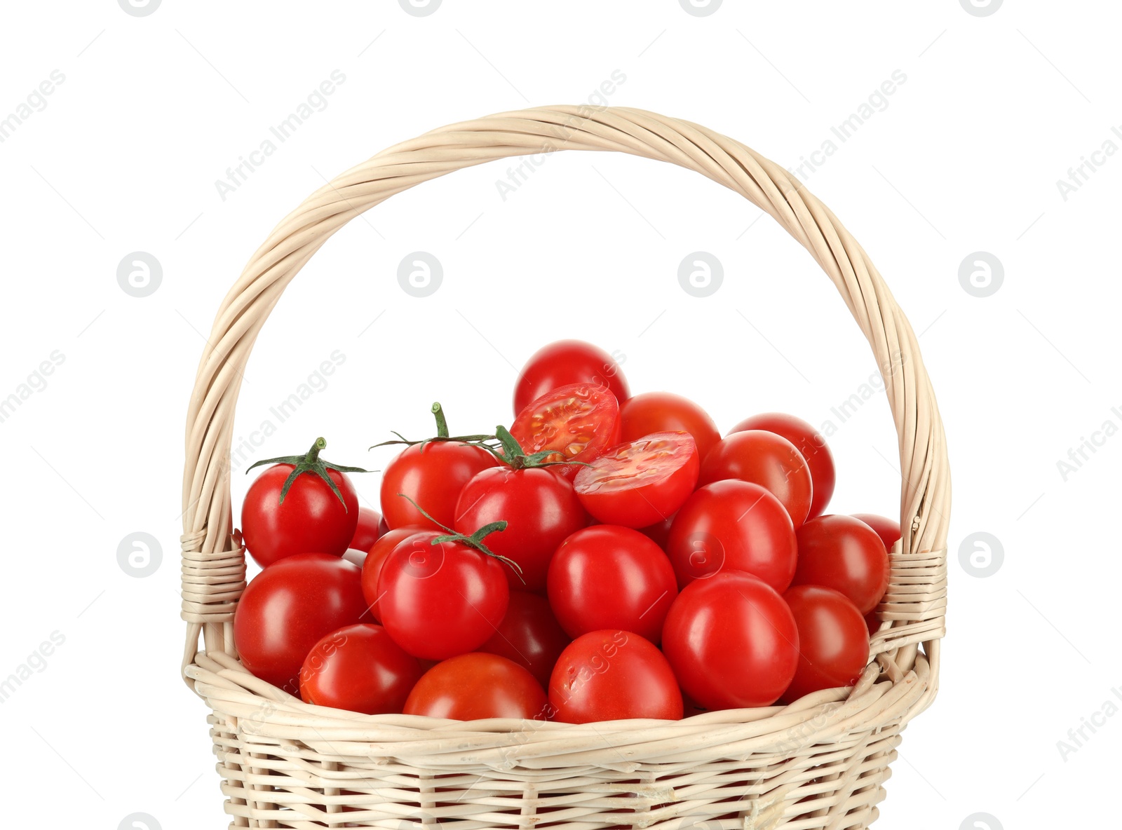 Photo of Wicker basket with fresh ripe cherry tomatoes isolated on white