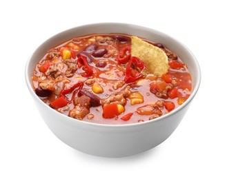 Bowl of tasty chili con carne with nachos on white background