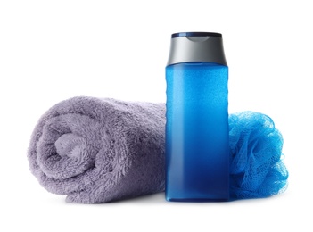 Photo of Personal hygiene product with towel and shower puff on white background