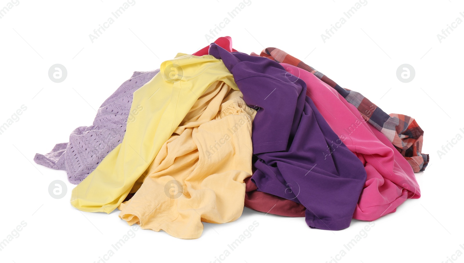 Photo of Pile of dirty clothes on white background