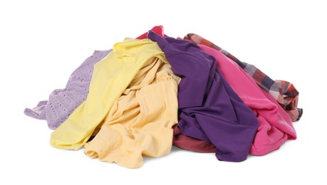 Photo of Pile of dirty clothes on white background