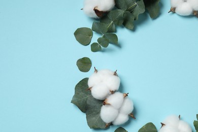 Frame of cotton flowers and eucalyptus leaves on light blue background, flat lay. Space for text