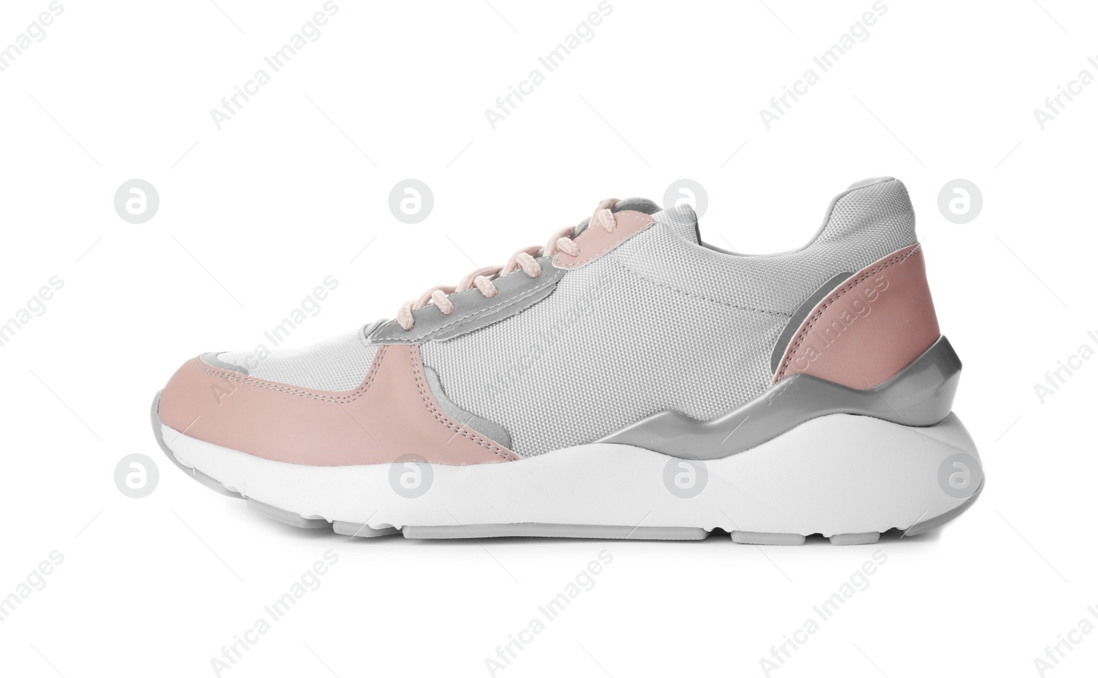 Photo of Pair of stylish sneakers on white background