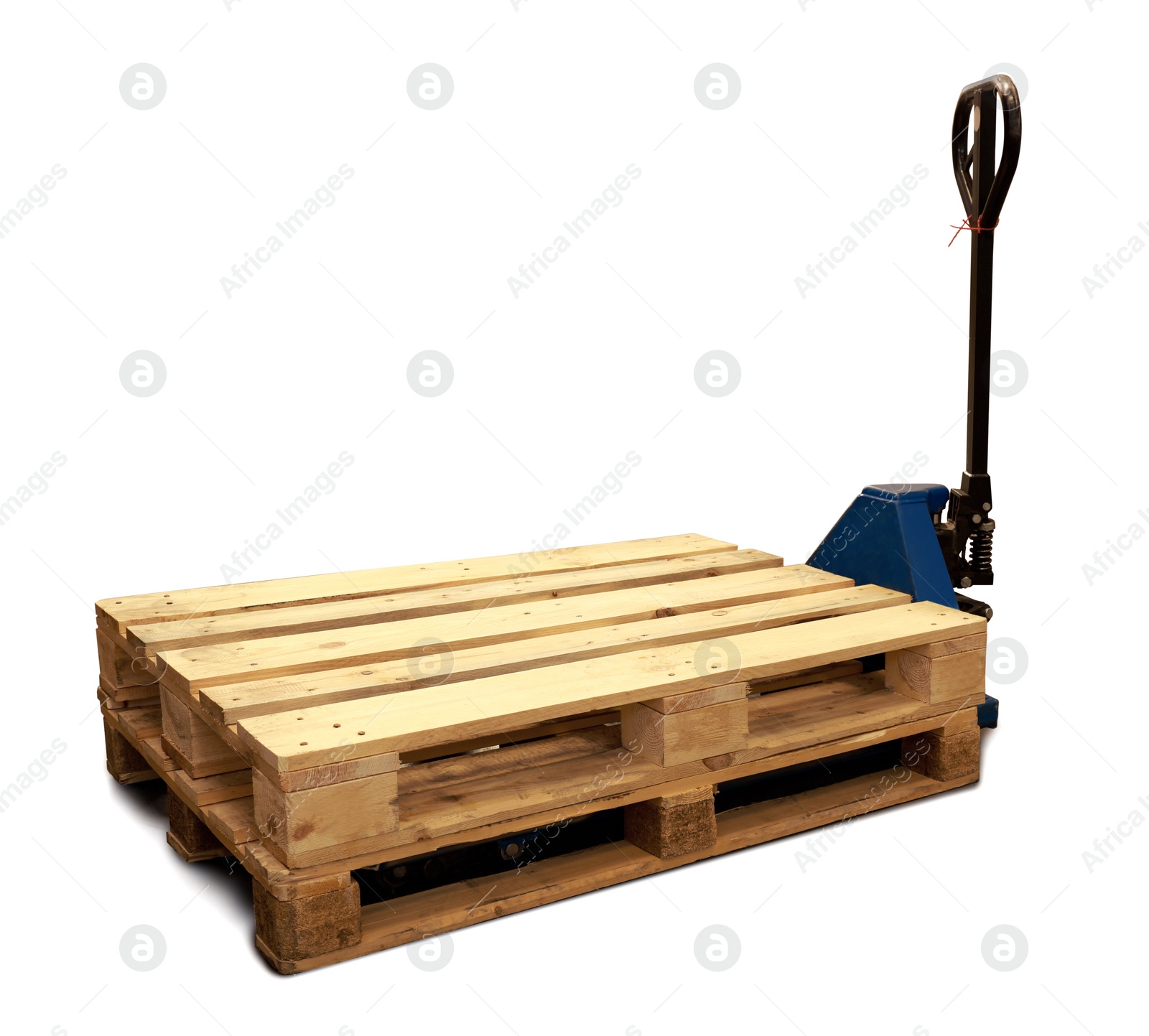 Image of Modern manual forklift with wooden pallets on white background