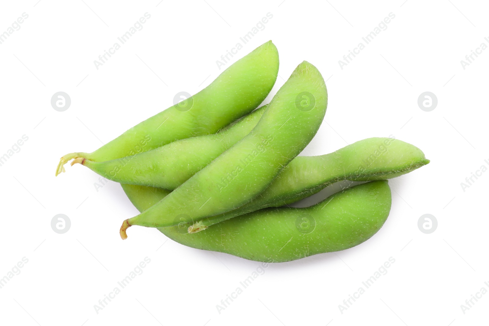 Photo of Raw green edamame pods on white background, top view