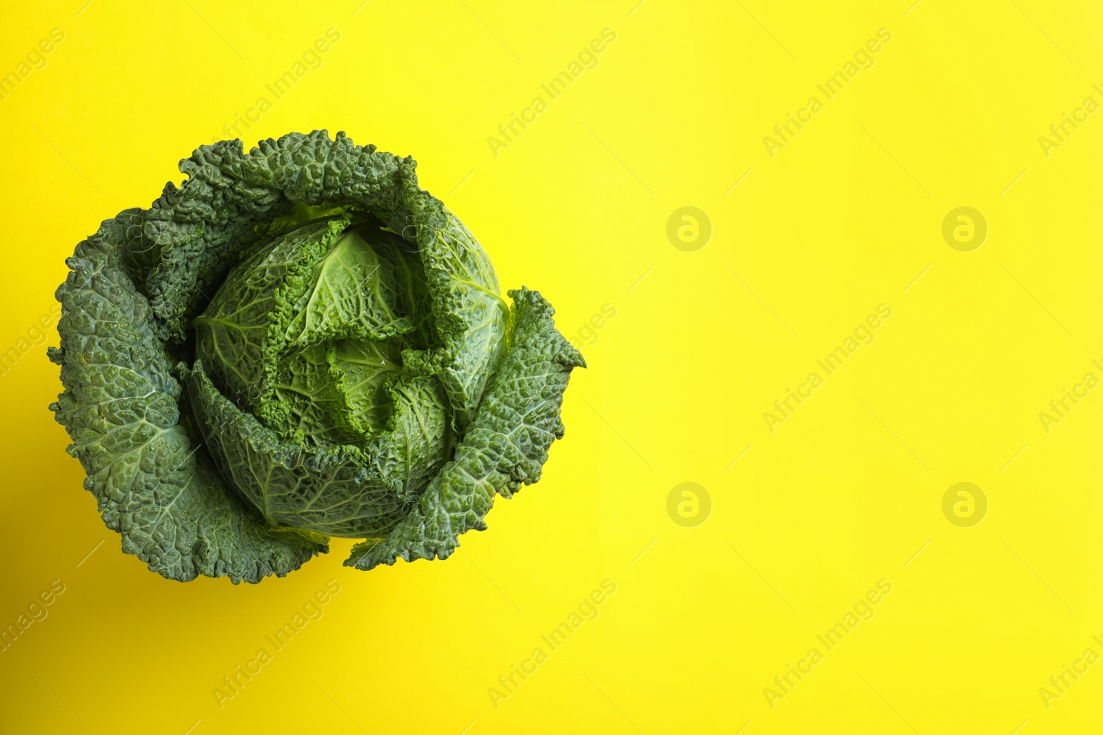 Photo of Fresh savoy cabbage on yellow background, top view. Space for text