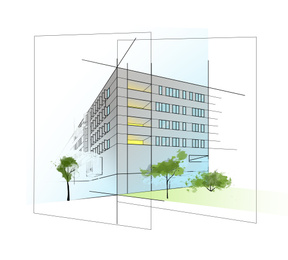 Colorful illustration of modern building on white background. Urban architecture