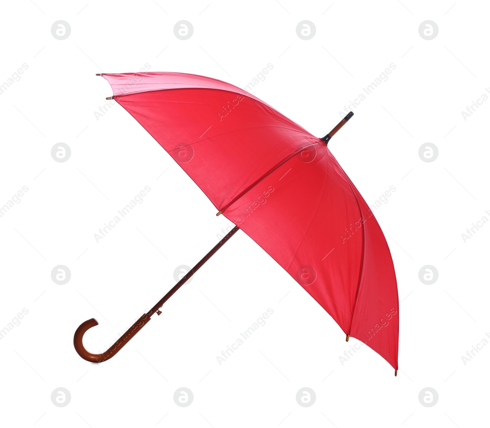 Photo of One open red umbrella isolated on white