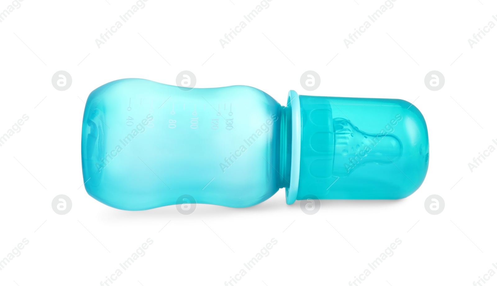 Photo of Empty turquoise feeding bottle for baby milk isolated on white