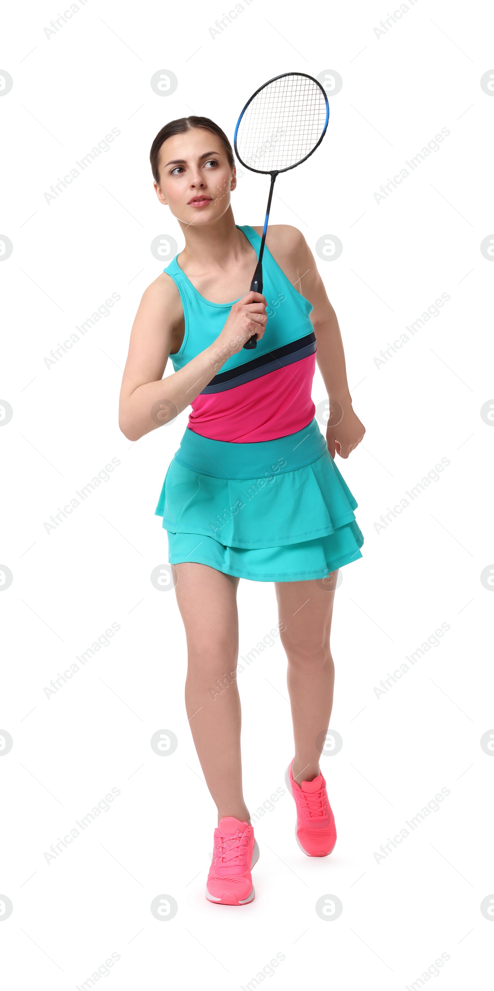 Photo of Young woman playing badminton with racket on white background