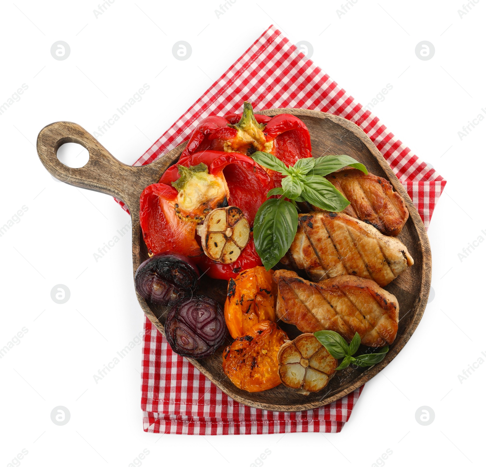 Photo of Board with tasty grilled vegetables, meat and basil isolated on white, top view