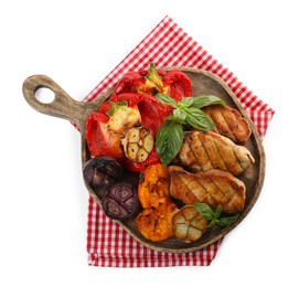 Photo of Board with tasty grilled vegetables, meat and basil isolated on white, top view