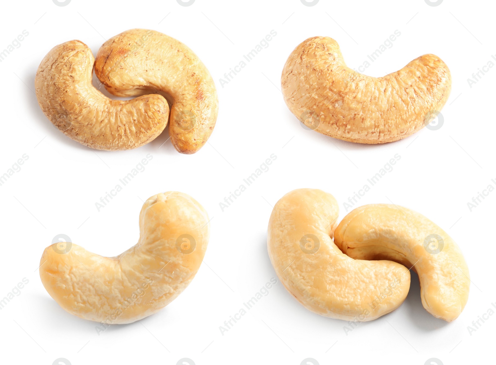 Image of Set with tasty cashew nuts on white background, top view