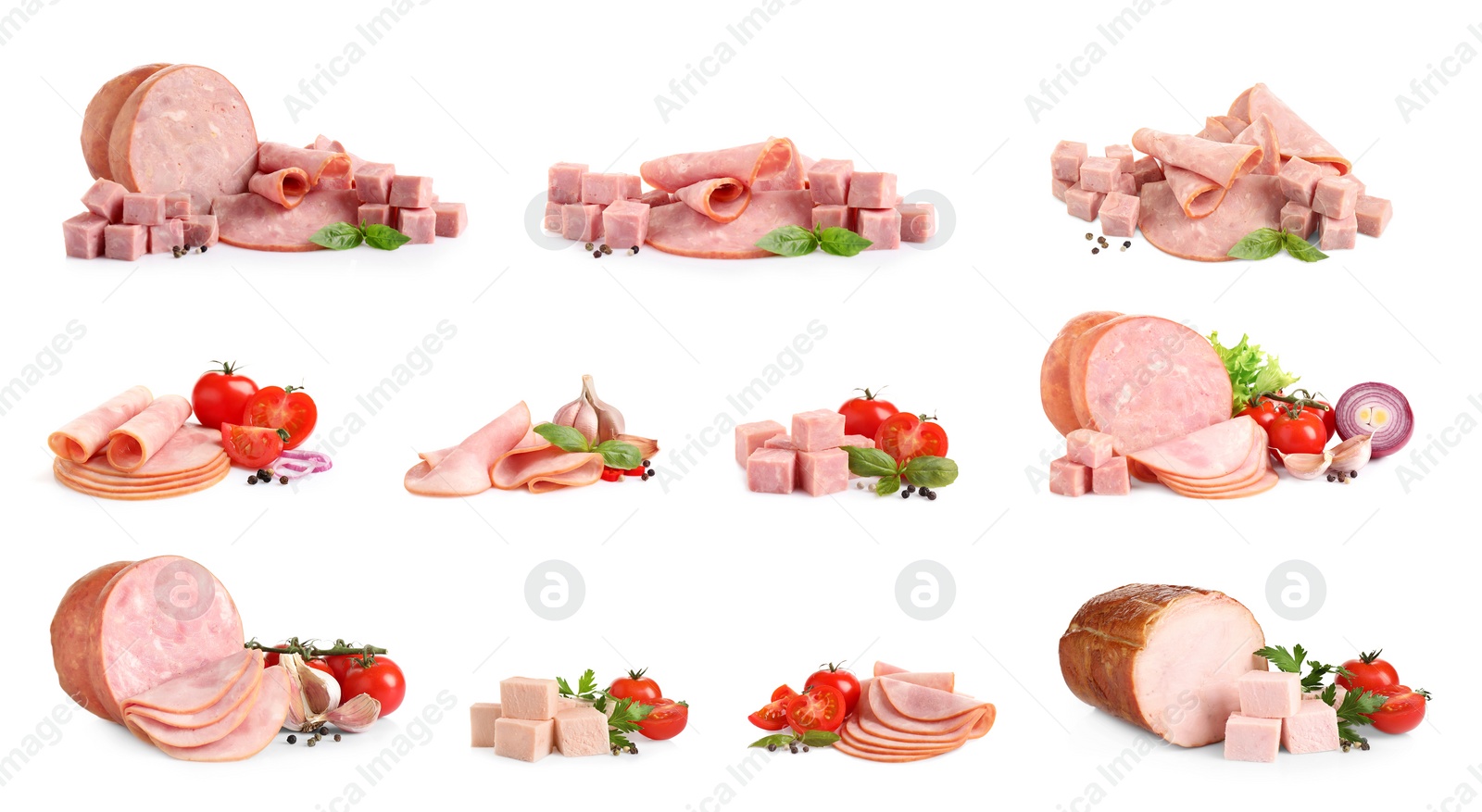 Image of Set of tasty hams on white background. Banner design