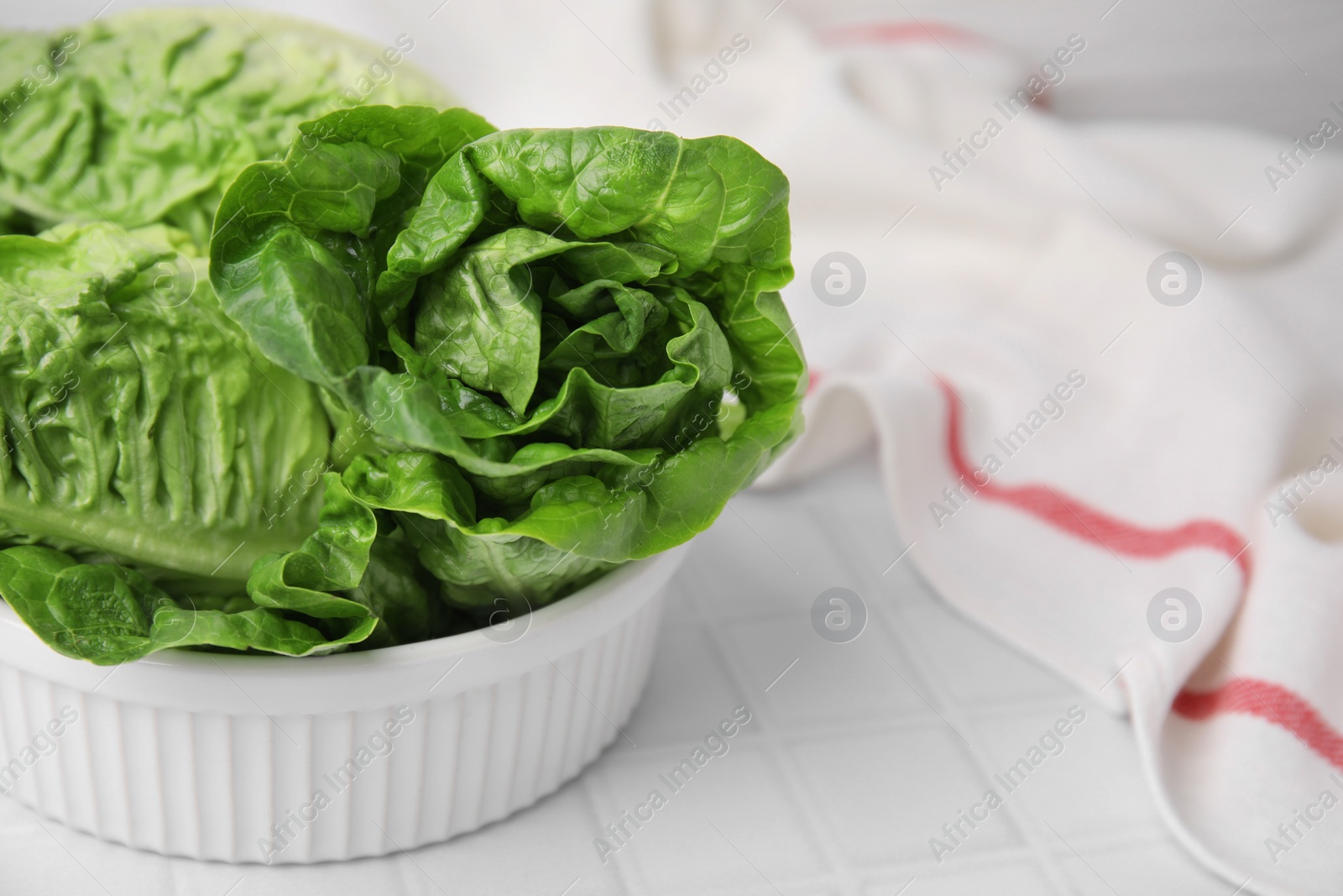 Photo of Bowl with fresh green romaine lettuces on white tiled table, closeup. Space for text