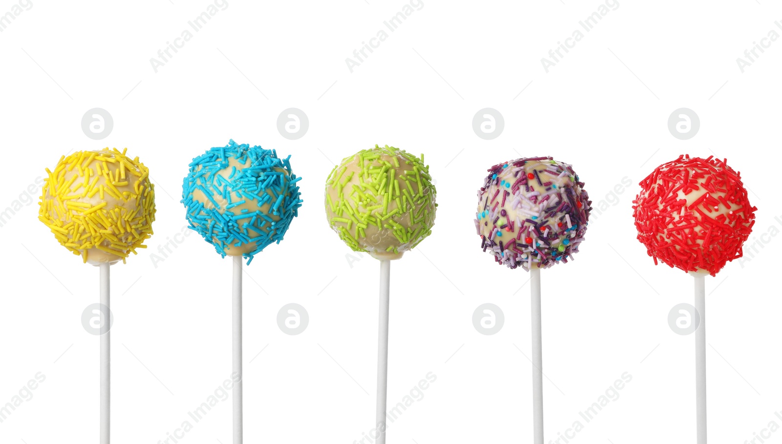 Photo of Tasty cake pops with colorful sprinkles isolated on white