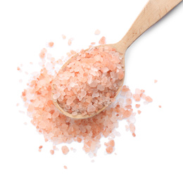 Wooden spoon with pink himalayan salt isolated on white, top view
