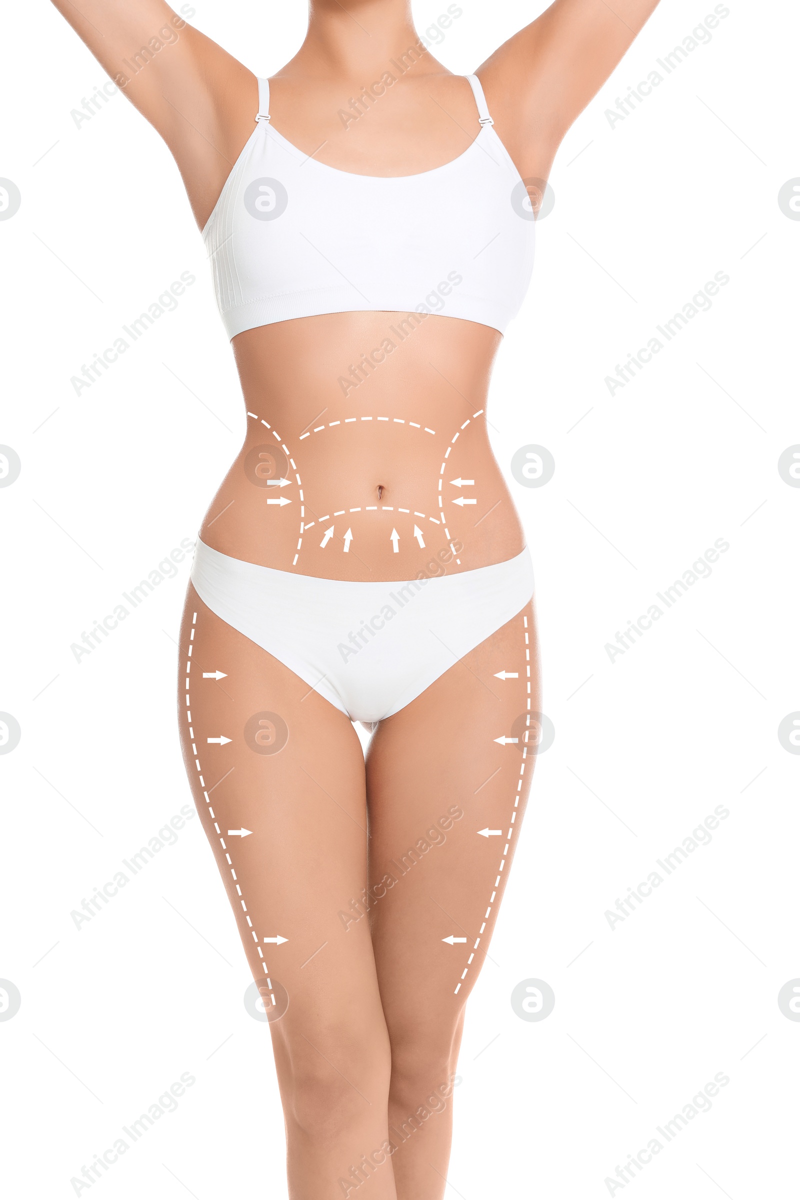 Image of Slim young woman with marks on body for cosmetic surgery operation against white background, closeup