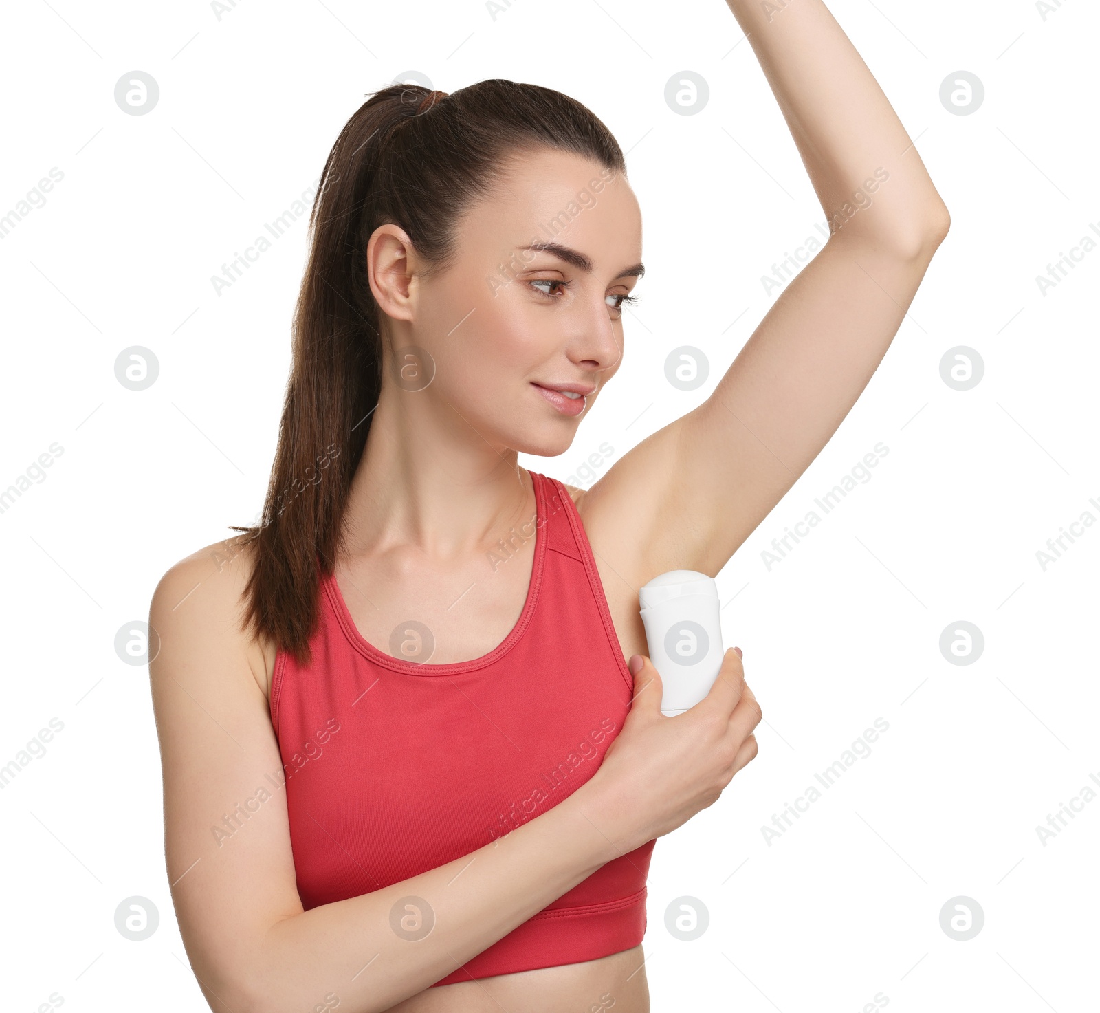 Photo of Beautiful woman applying deodorant on white background