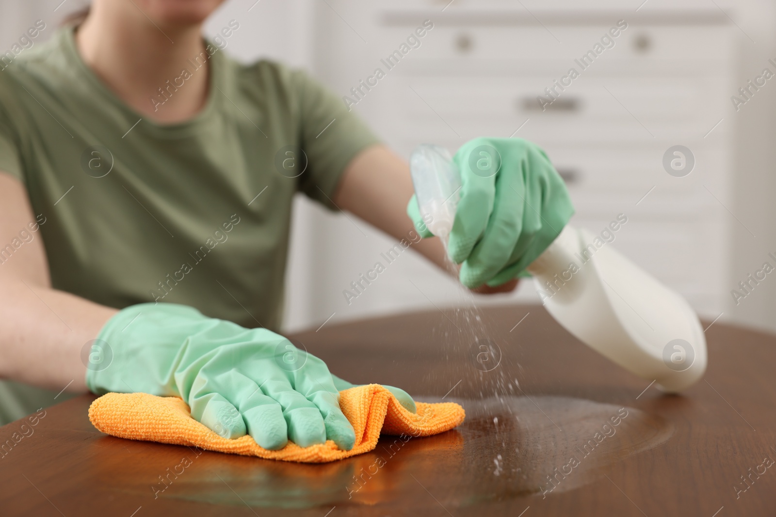 Photo of Woman with spray bottle and microfiber cloth cleaning wooden table in room, closeup