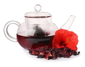 Photo of Freshly brewed hibiscus tea and dry flowers on white background