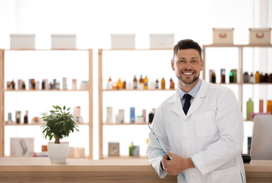 Professional pharmacist in drugstore. Space for text