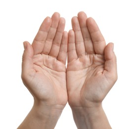 Photo of Woman holding something in hands on white background, closeup