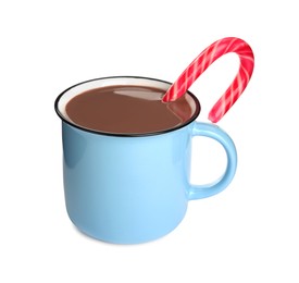 Photo of Cup of delicious hot chocolate with candy cane isolated on white