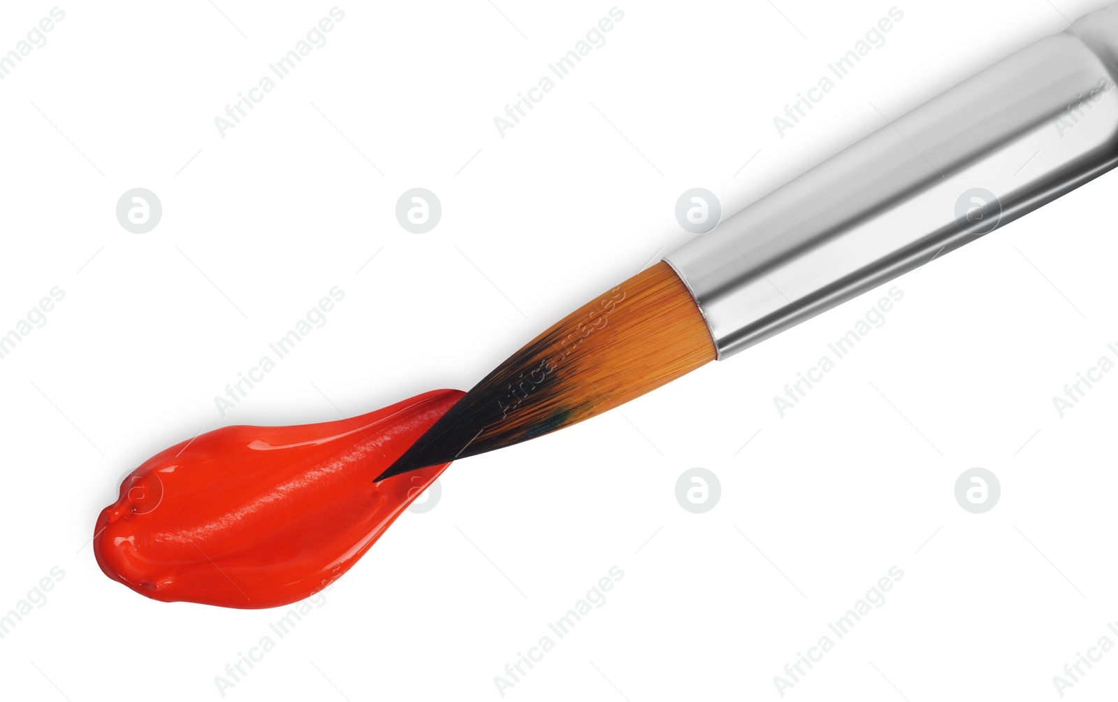 Photo of Red paint stroke and brush on white background, top view