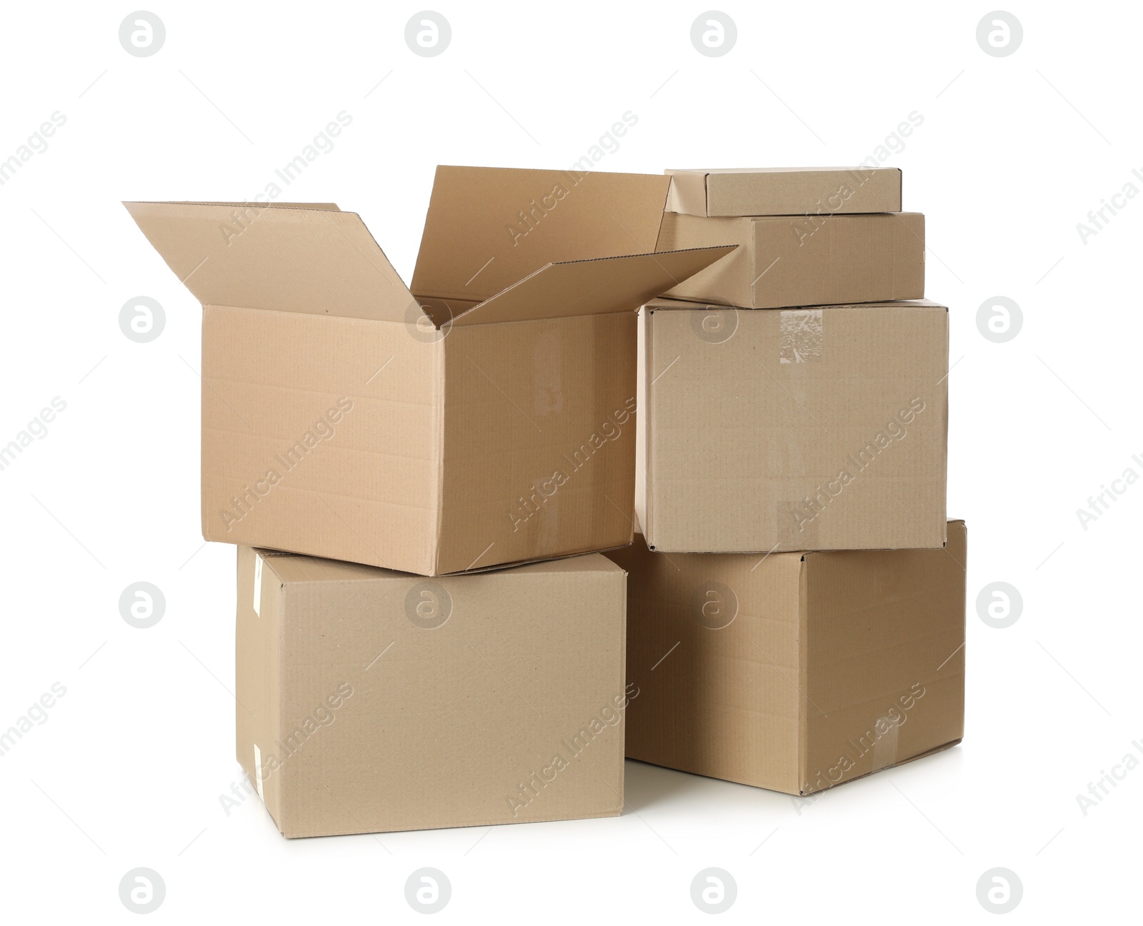 Photo of Pile of cardboard boxes on white background