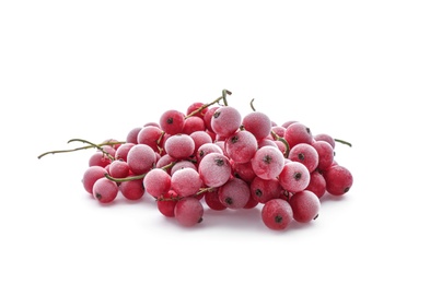 Heap of tasty frozen red currants on white background