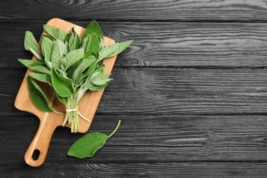 Bunch of fresh sage leaves on black wooden table, flat lay. Space for text