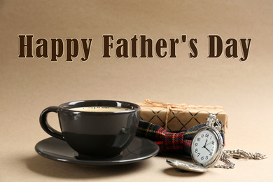Image of Composition with coffee, bow tie and watch on beige background. Happy father's day