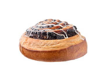 Photo of One delicious roll with poppy seeds and topping isolated on white. Sweet bun