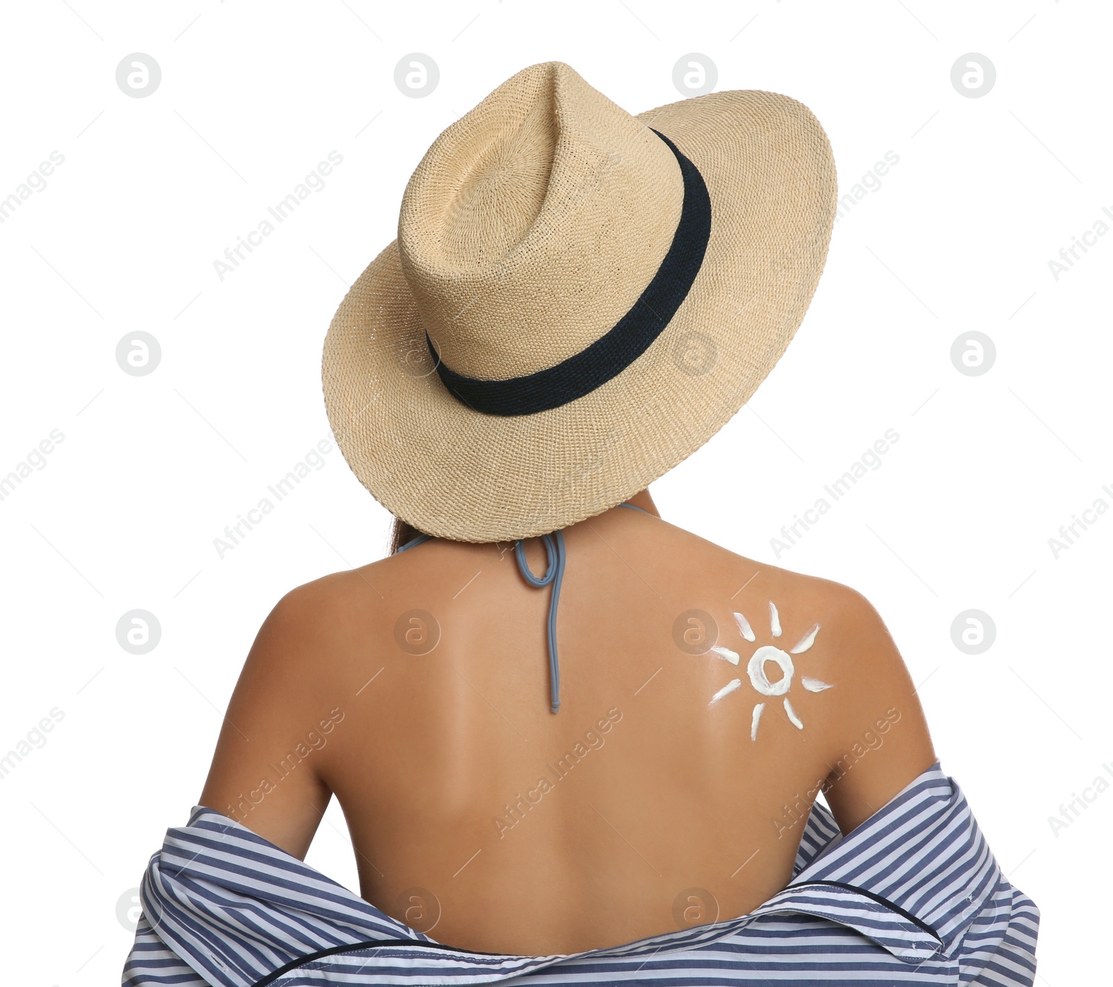 Photo of Teenage girl with sun protection cream on her back against white background