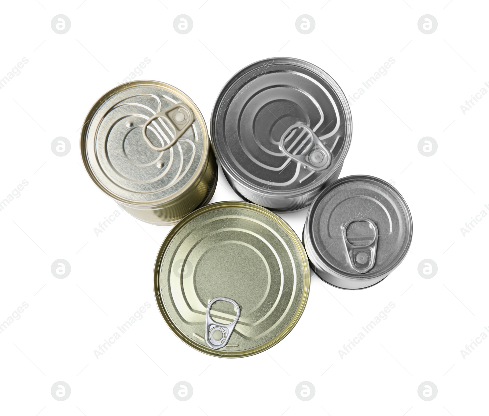 Photo of Many closed tin cans isolated on white, top view