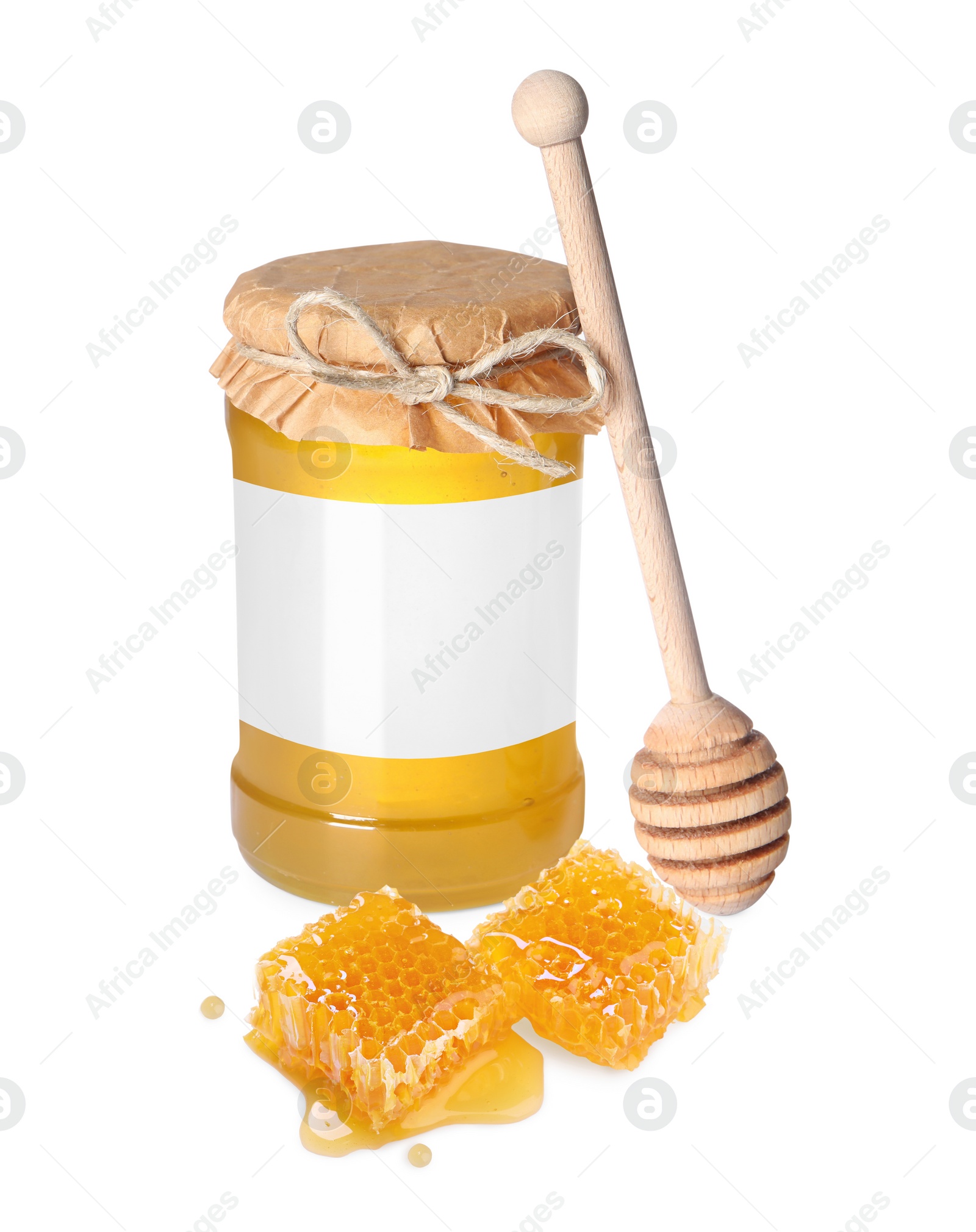 Image of Sweet honey in glass jar with blank label, wooden honey dipper and pieces of honeycomb on white background. Mockup for design